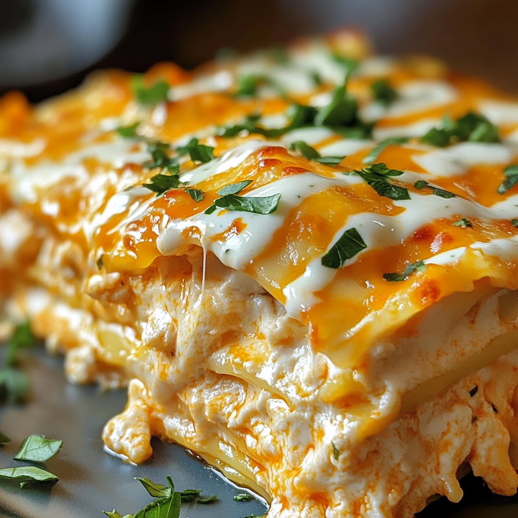 Cheesy Buffalo Chicken Lasagna with Ranch Drizzle