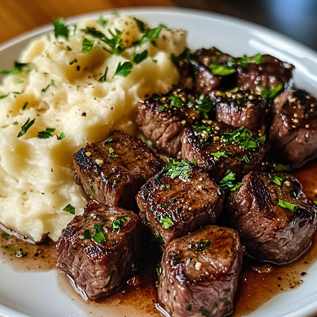 Garlic Butter Steak Bites and Mash