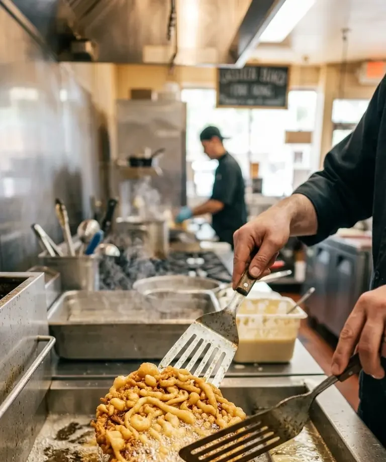 Vegan funnel cake frying